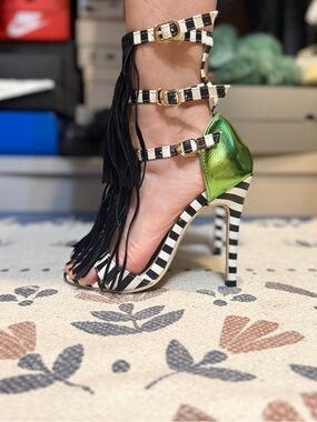 Black Fringe Strappy High Heel Sandals with Green Metallic Accent